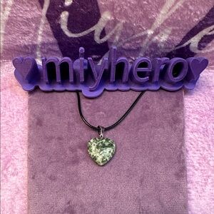 Granite Green Polished Stone Crystal Heart Pendant with Faux Leather Necklace